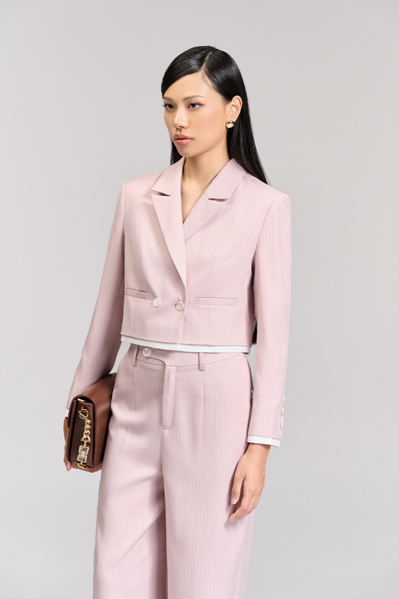 Quần suông túi chéo quai nhê vát cong Áo vest croptop kẻ phối gấu