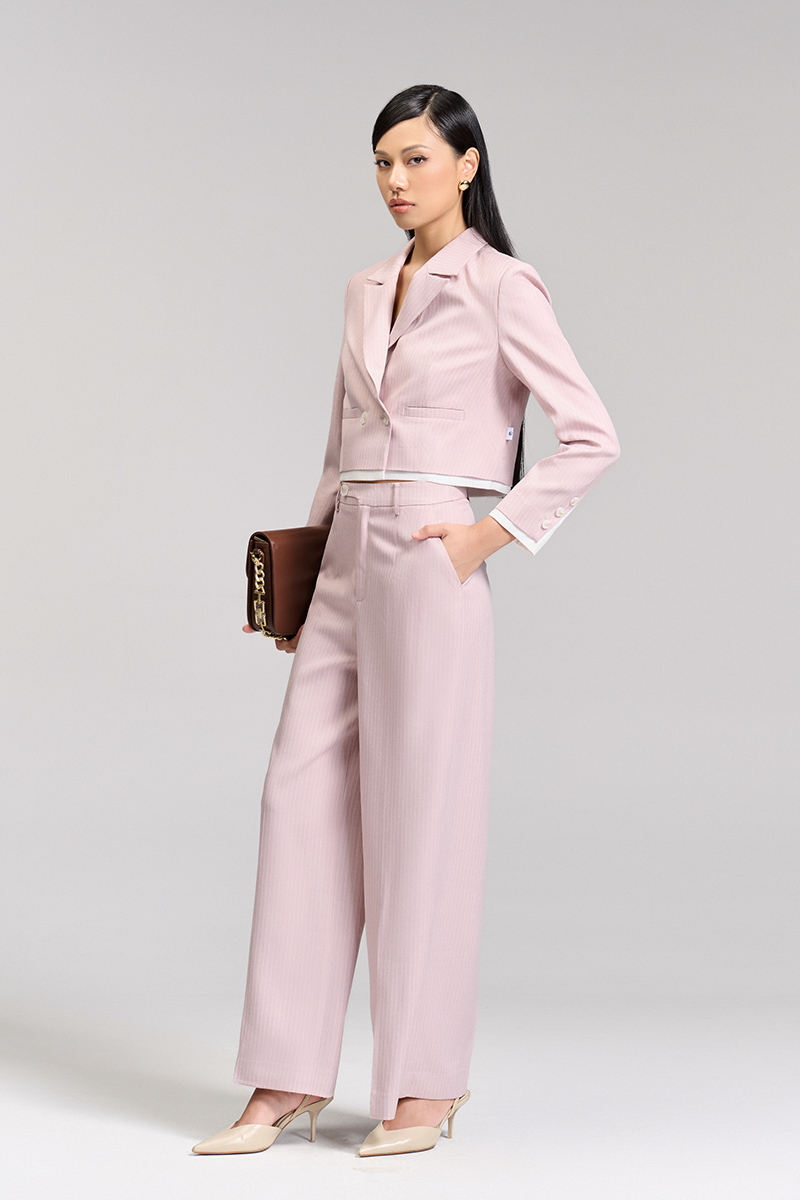 Quần suông túi chéo quai nhê vát cong Áo vest croptop kẻ phối gấu