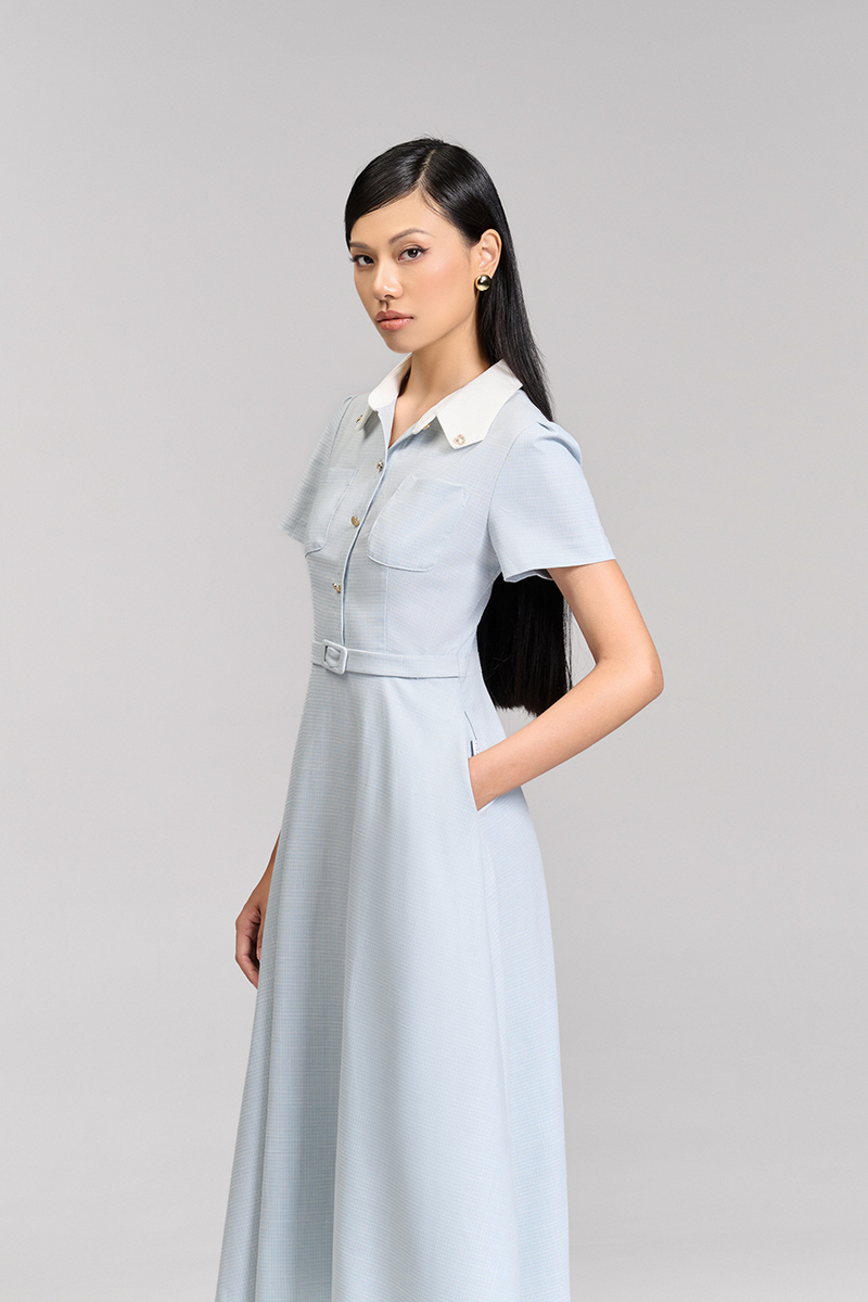 Đầm xoè túi ốp lá cổ vát phối Đầm xoè túi ốp lá cổ vát phối