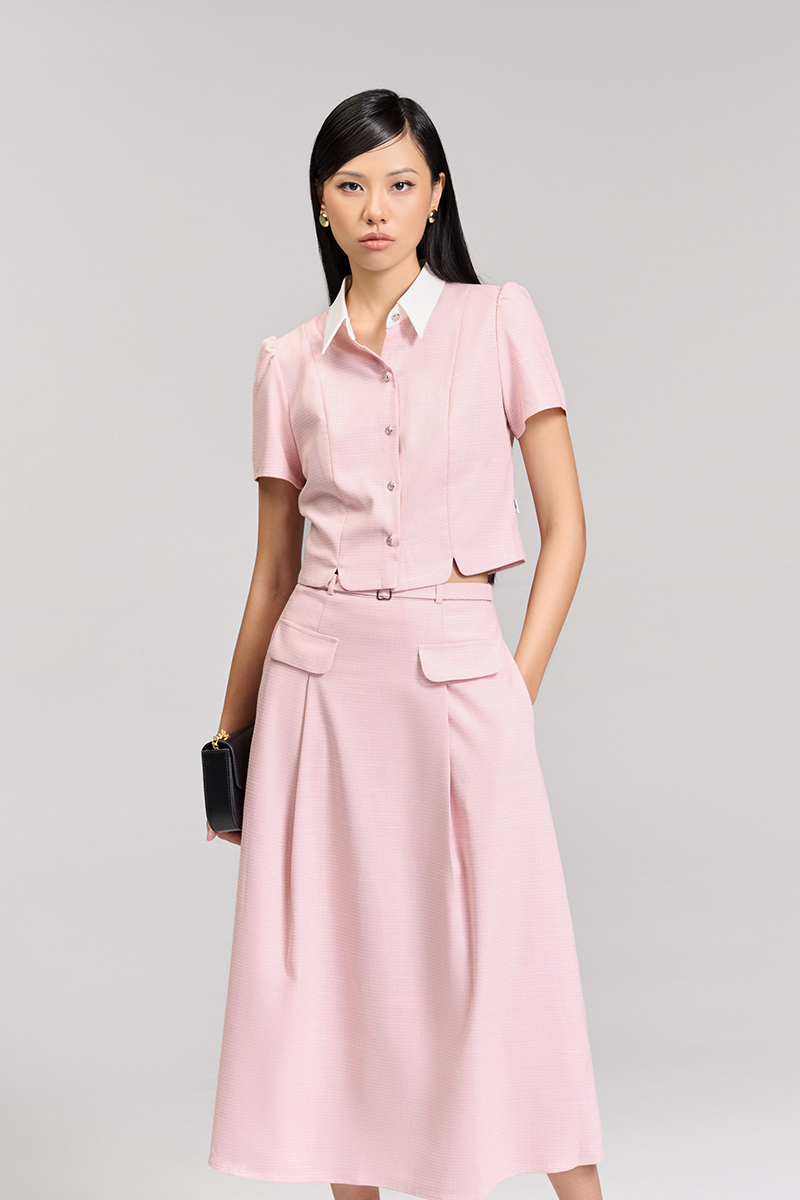 Sơ mi CT croptop xẻ gấu phối cổ Sơ mi CT croptop xẻ gấu phối cổ