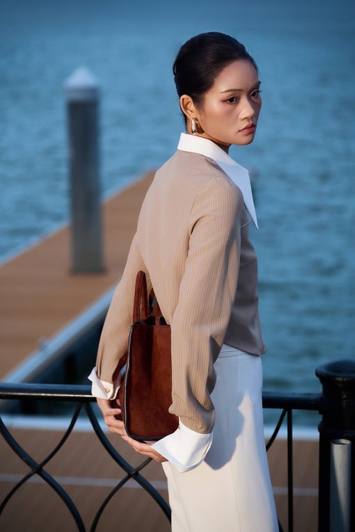 Sơ mi DT croptop kẻ can ngực, cổ phối