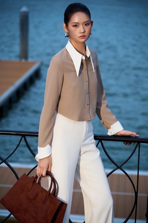 Sơ mi DT croptop kẻ can ngực, cổ phối