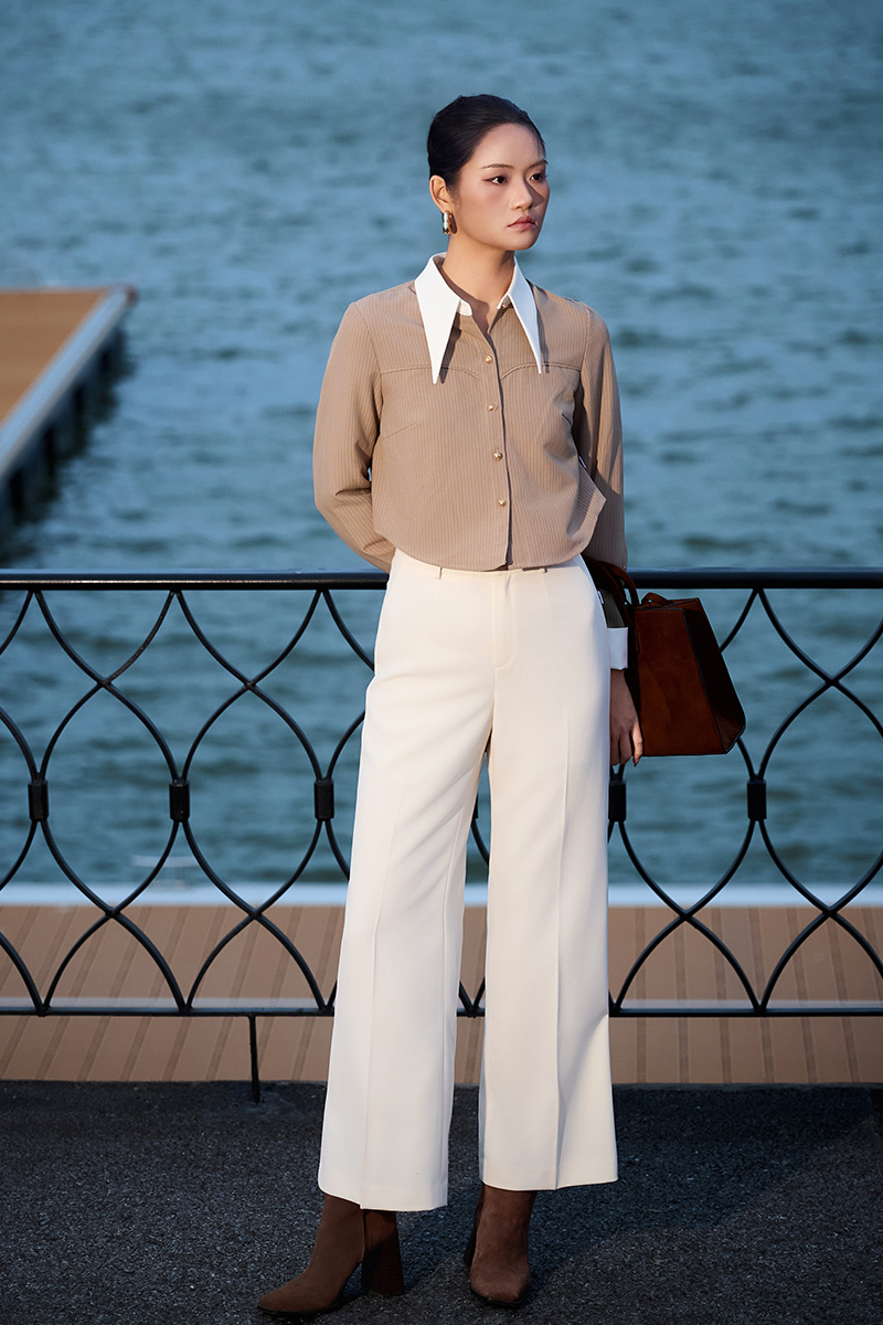 Sơ mi DT croptop kẻ can ngực, cổ phối Sơ mi DT croptop kẻ can ngực, cổ phối