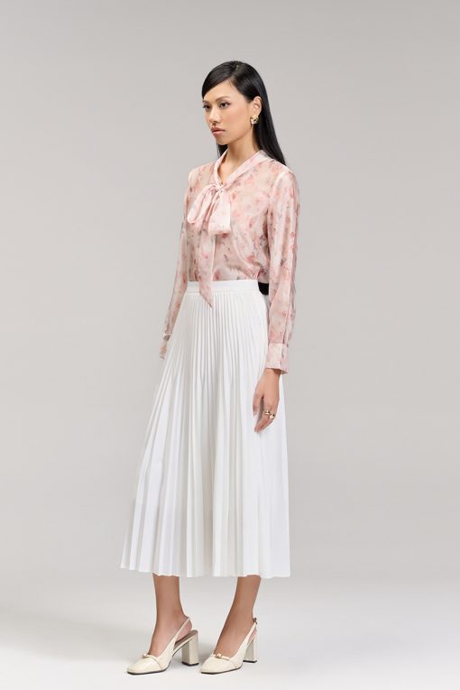 Sơ mi DT suông hoạ tiết cổ buộc nơ