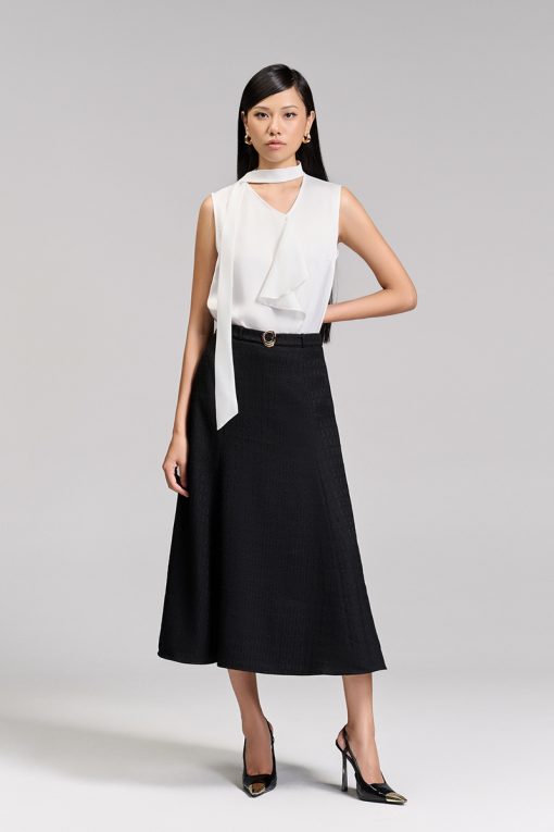 Chân váy tweed xoè đai kẹp sườn cài tag