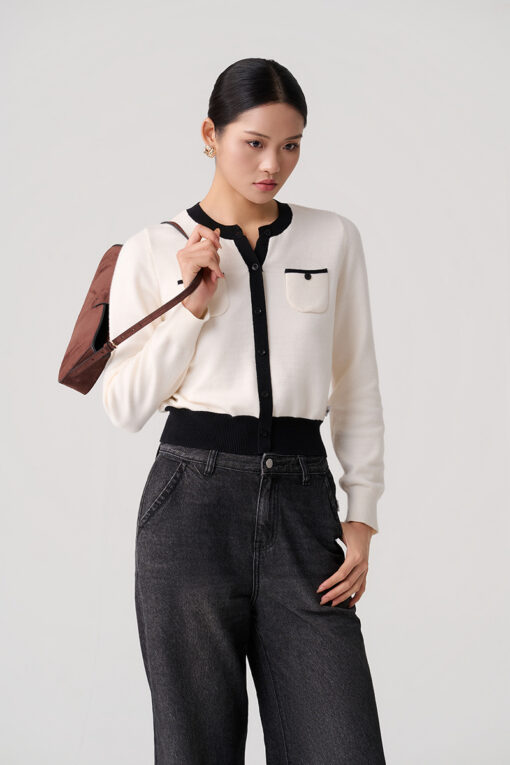 Áo Len DT croptop phối màu, túi ốp ngực