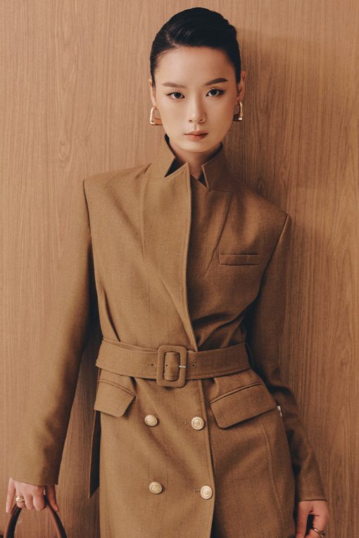 Áo khoác dài dáng suông cổ vest 2 hàng cúc