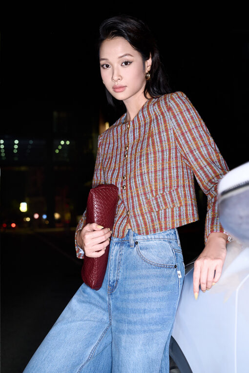 Áo khoác tweed kẻ nẹp cúc đôi