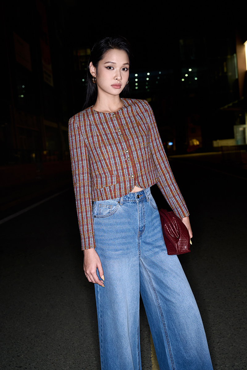 Áo khoác tweed kẻ nẹp cúc đôi Áo khoác tweed kẻ nẹp cúc đôi