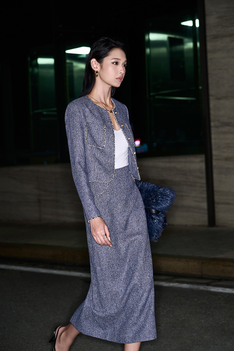 Chân váy tweed can hông kẹp tua TT Áo kiểu DT croptop cổ tròn kẹp tua TT