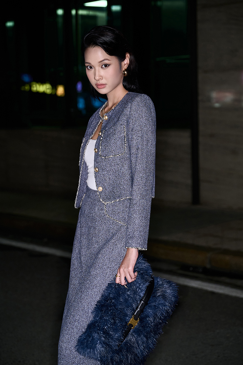 Chân váy tweed can hông kẹp tua TT Áo kiểu DT croptop cổ tròn kẹp tua TT