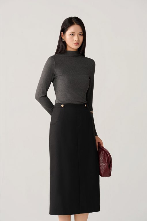 Chân váy dài can cong giả túi đính cúc