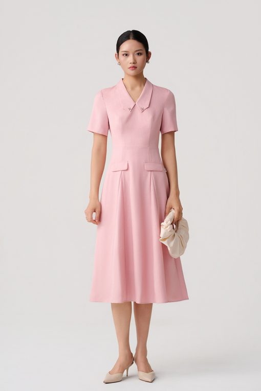 Đầm xoè lá cổ bẻ hình thoi nắp túi giả