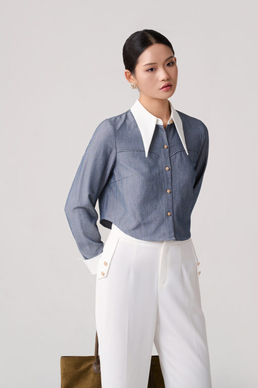 Sơ mi DT croptop kẻ can ngực, cổ phối