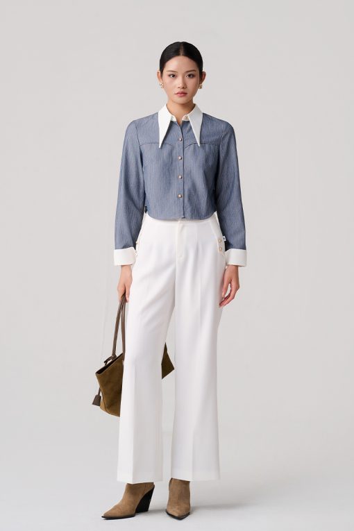 Sơ mi DT croptop kẻ can ngực, cổ phối