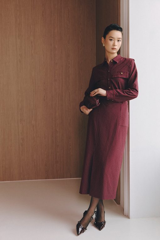 Chân váy dài kẻ can giả túi