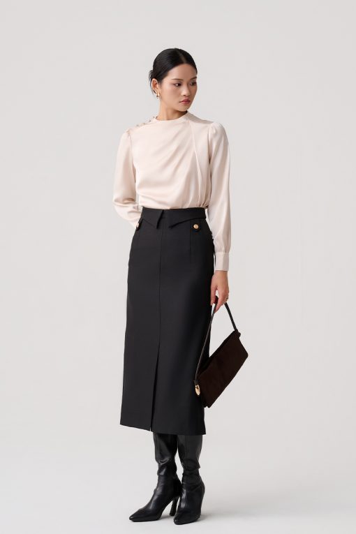 Sơ mi DT xếp ly lệch vai cài cúc