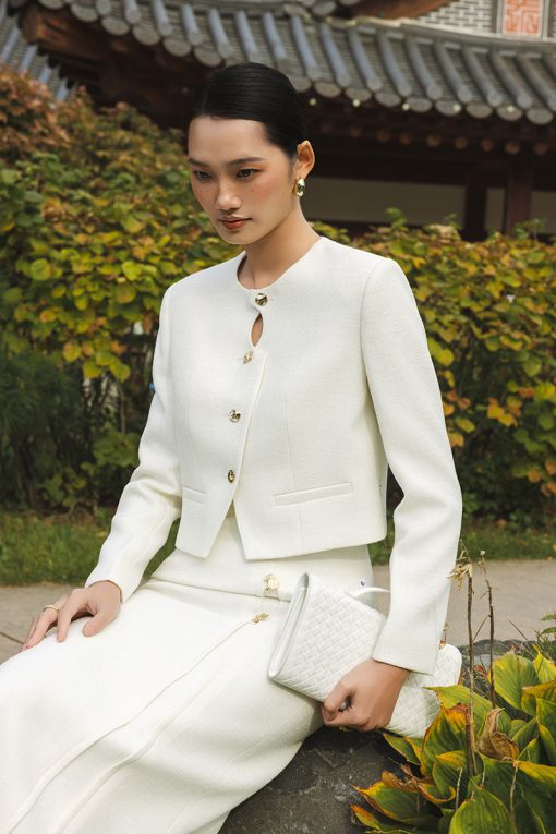 Áo khoác tweed croptop nẹp khuyết điệu