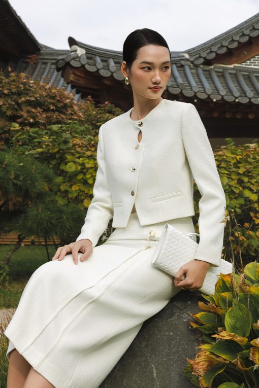 Áo khoác tweed croptop nẹp khuyết điệu