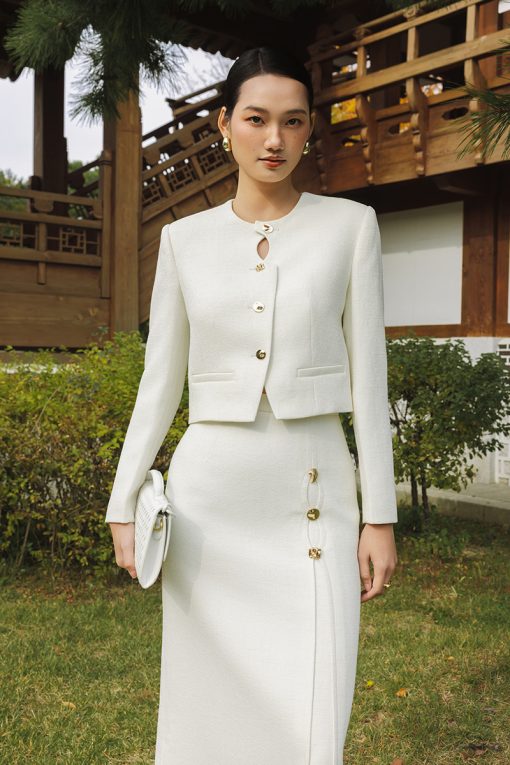 Áo khoác tweed croptop nẹp khuyết điệu