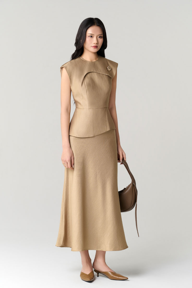 Áo kiểu peplum vai chờm can lệch thân Chân váy xoè basic khoá sườn