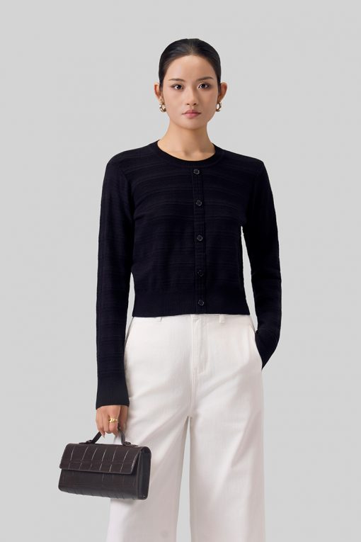 Áo Len DT cổ tròn nẹp giả dệt lỗ kẻ