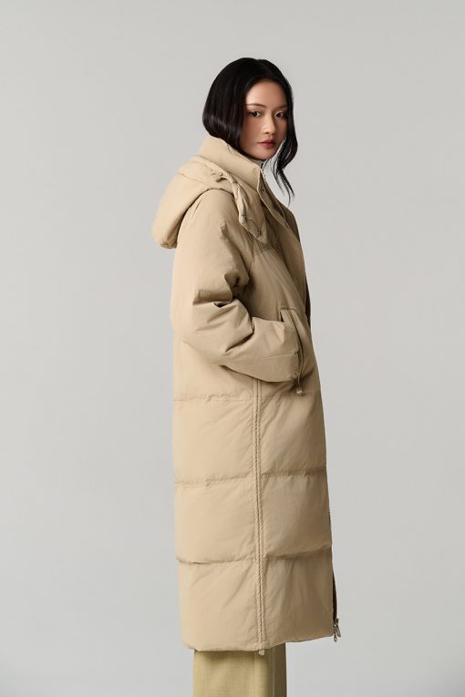 Áo khoác phao dáng dài miệng túi rút dây