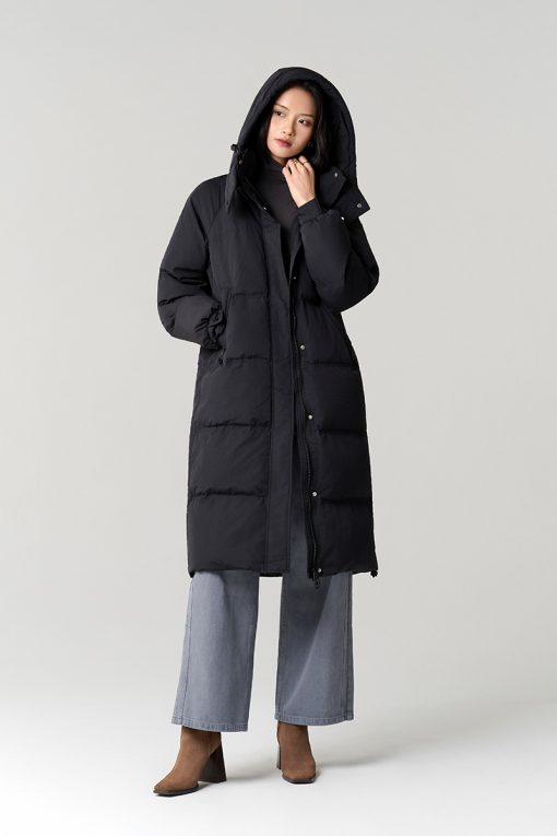 Áo khoác phao dáng dài miệng túi rút dây