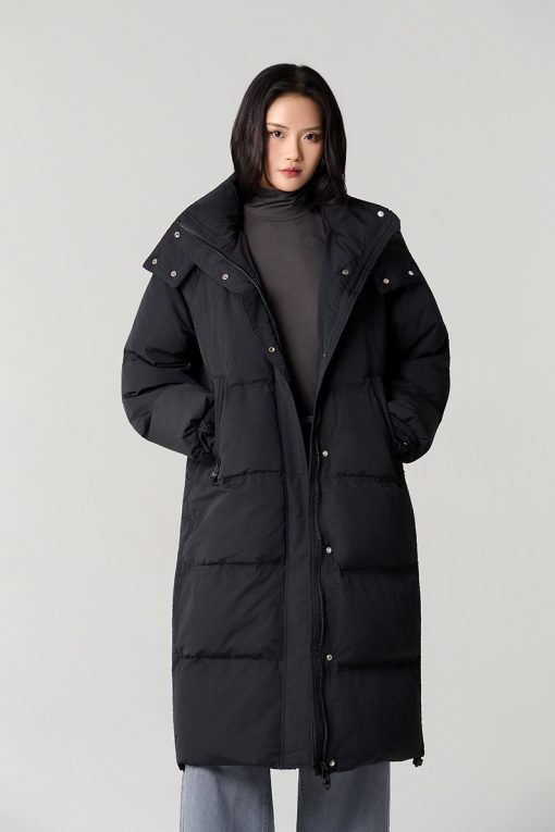 Áo khoác phao dáng dài miệng túi rút dây