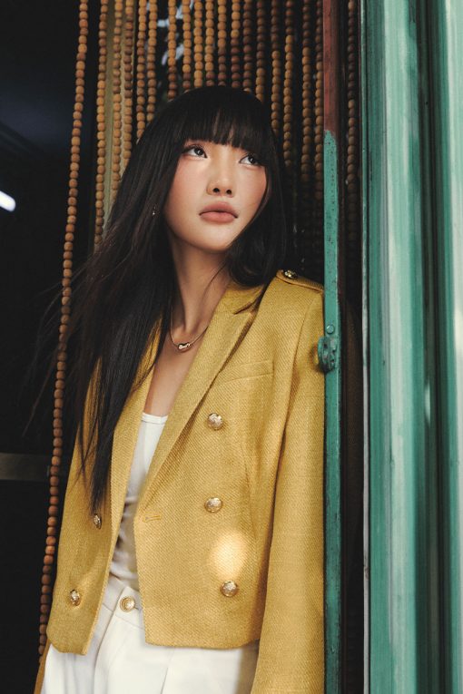 Áo khoác tweed 2 hàng cúc gấu chéo