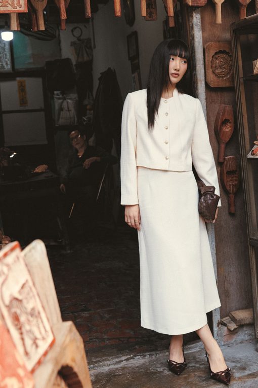 Chân váy tweed cạp thường, kẹp đỉa