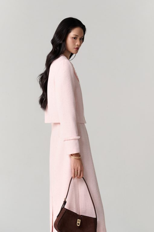 Áo khoác tweed croptop kẹp tua rua ngực