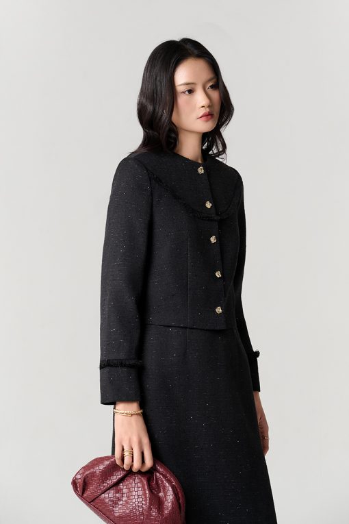 Áo khoác tweed croptop kẹp tua rua ngực