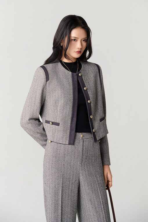 Áo khoác tweed croptop phối nẹp cơi giả