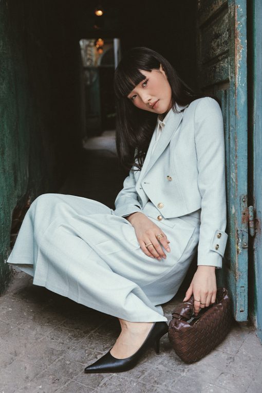 Áo khoác tweed croptop vạt chéo