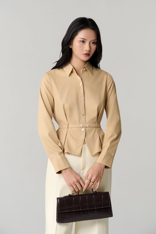 Sơ mi DT xếp ly eo, gấu xoè kèm đai