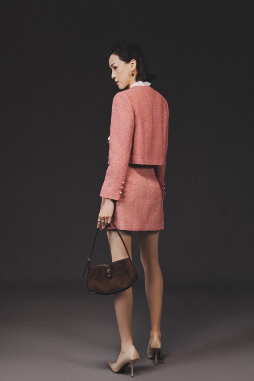 Áo khoác tweed croptop cổ V, túi ốp