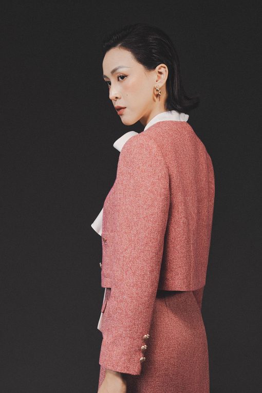 Áo khoác tweed croptop cổ V, túi ốp