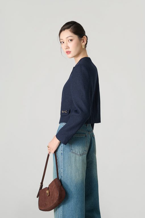 Áo khoác tweed croptop nắp túi kẹp D