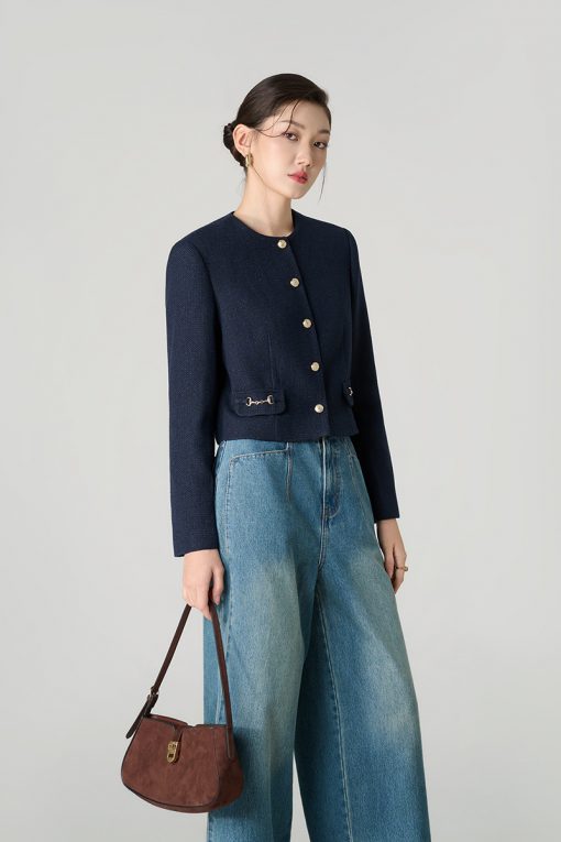 Áo khoác tweed croptop nắp túi kẹp D