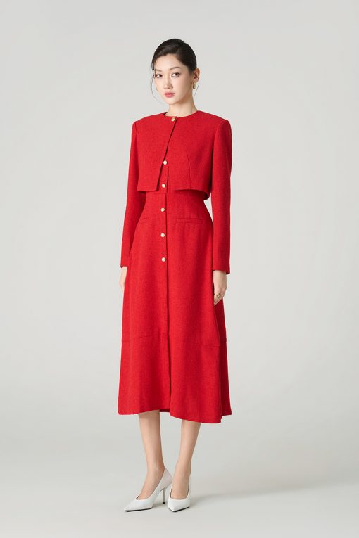 Áo khoác tweed lửng, cổ cài cúc