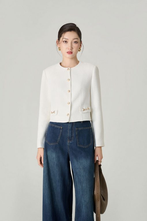 Áo khoác tweed croptop nắp túi kẹp D