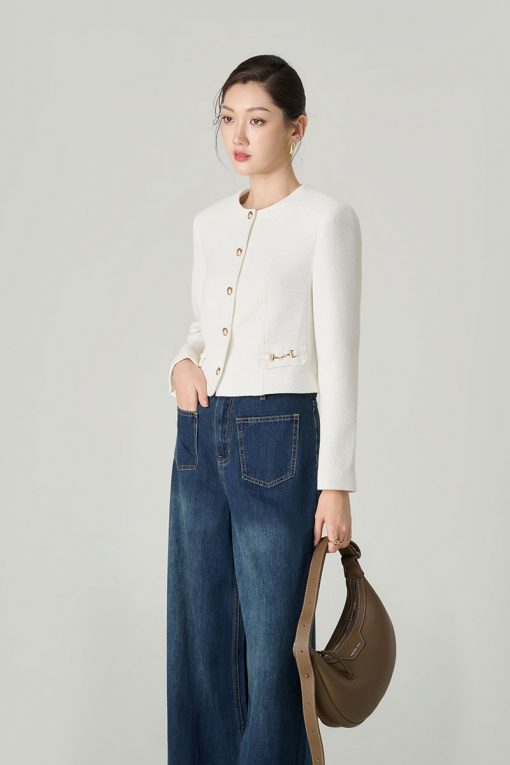 Áo khoác tweed croptop nắp túi kẹp D