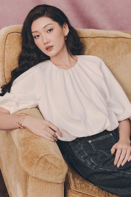 Áo kiểu croptop gấu giật lót, tay chuông