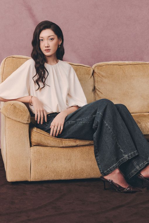 Áo kiểu croptop gấu giật lót, tay chuông