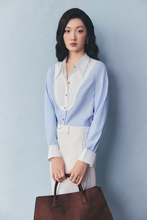 Áo sơ mi kẻ phối đáp cổ, măng sét