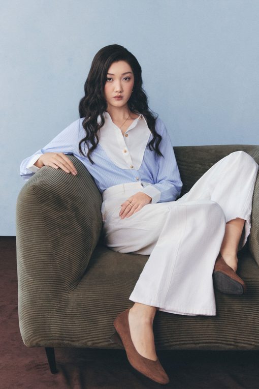 Áo sơ mi kẻ phối đáp cổ, măng sét