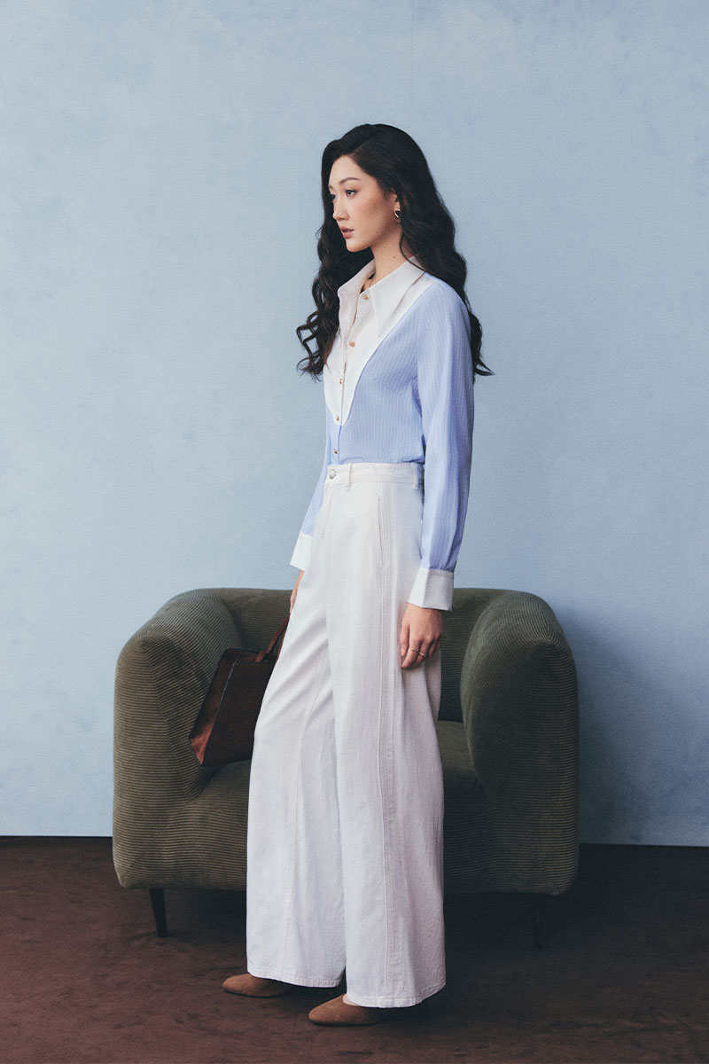 Áo sơ mi kẻ phối đáp cổ, măng sét