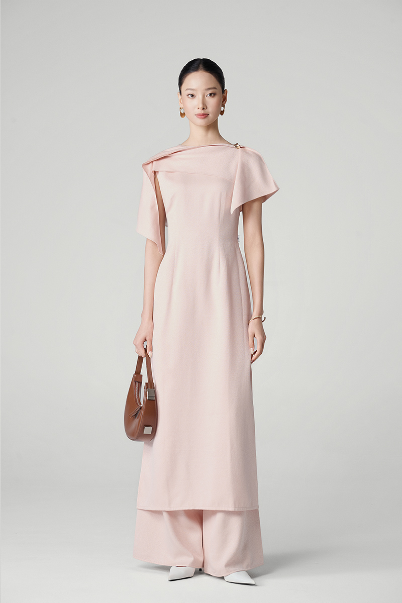 Bộ áo dài vai xếp bèo rủ lệch