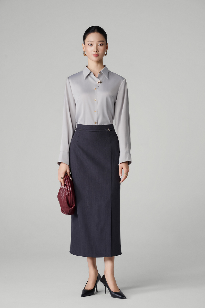 Chân váy dài can xẻ lệch dây đè cạp